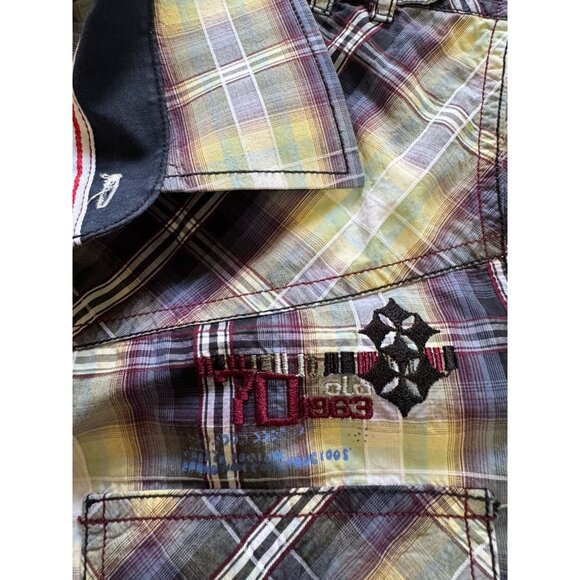 7Diamonds‎ Men Short Sleeve Button Down Shirt Size Medium Plaid Cotton Logo - Picture 7 of 12